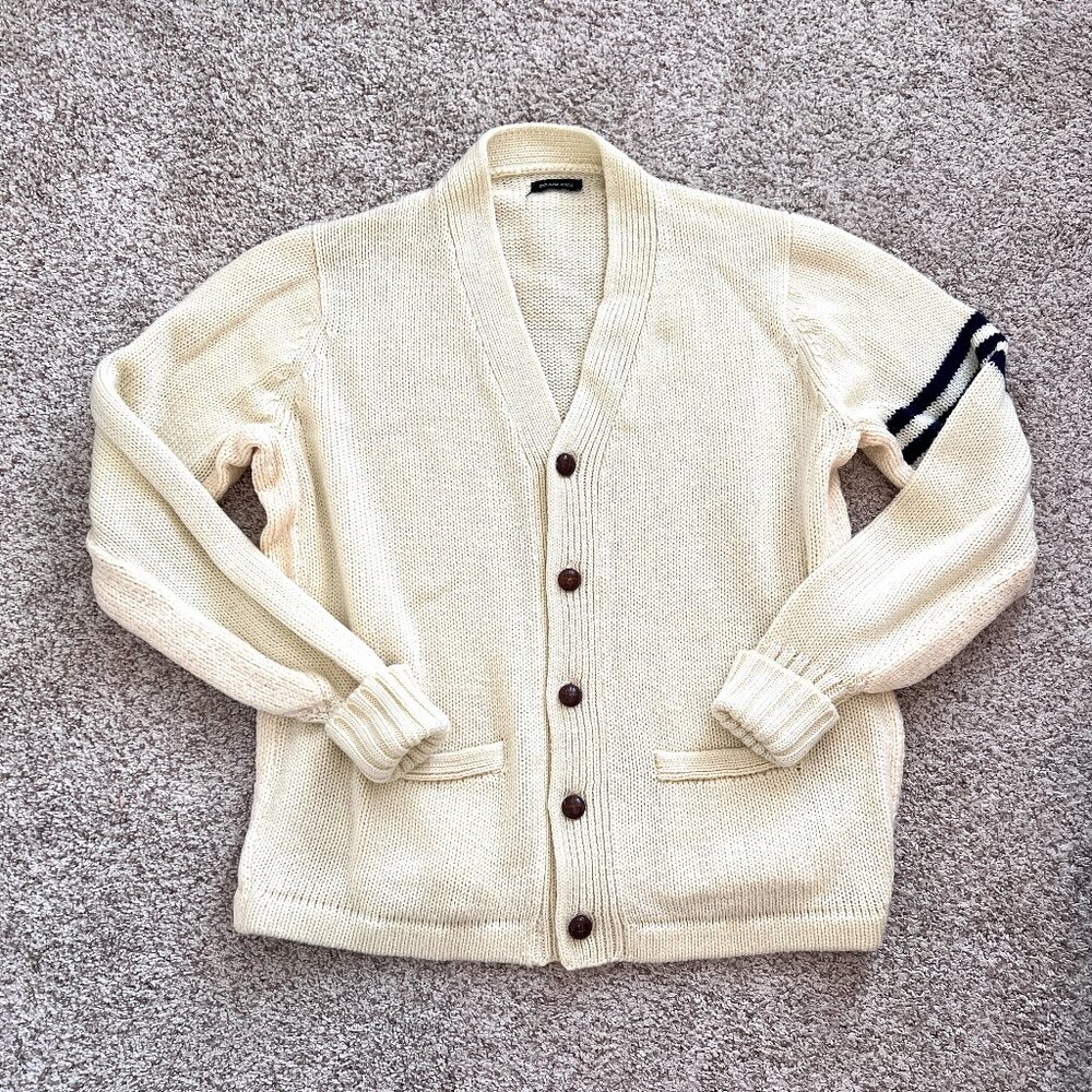 80's Collegiate Cardigan - Vanilla & Navy - Large - Unisex - Gender Neutral